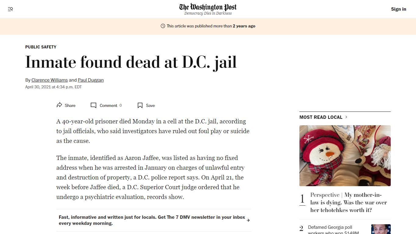 Inmate found dead at D.C. jail - The Washington Post